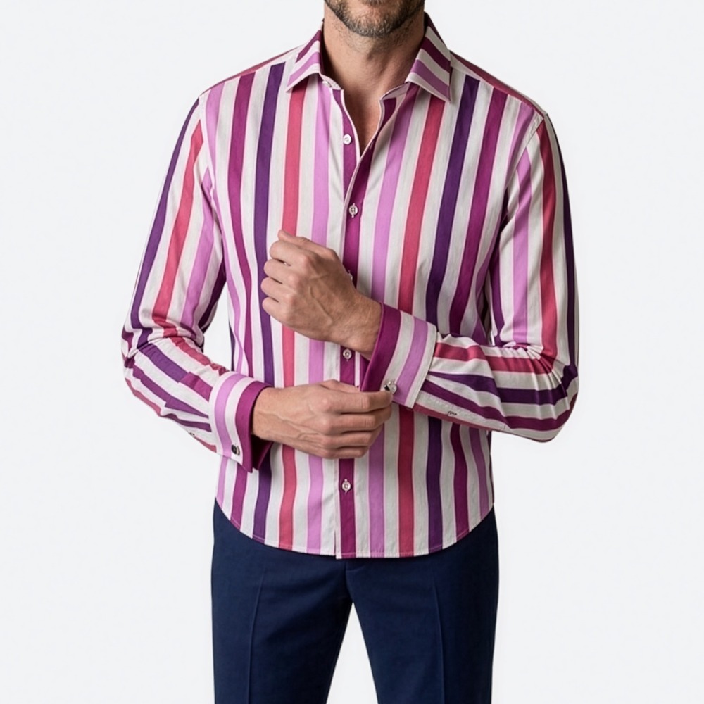 Duncan Quinn Thomas Mason French Cuff Shirt 15 Purple Striped Rock n Roll